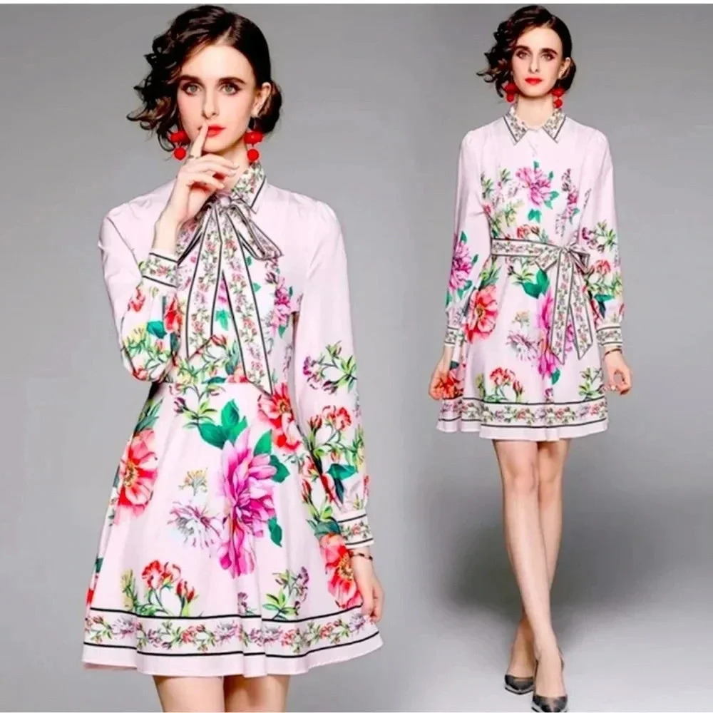 Dalia MacPhee pink floral belted dress size medium